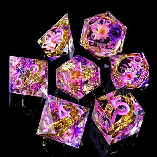 Ring DND Dice Set Sharp Edge Resin Dice,Golden Ring Inclusion Suitable for Lord of the Ring D&D Dice RPG Role Playing Games Suitable for Dungeons and Dragons Polyhedral Dice Set（Flower Pink） - color: Flower-purple