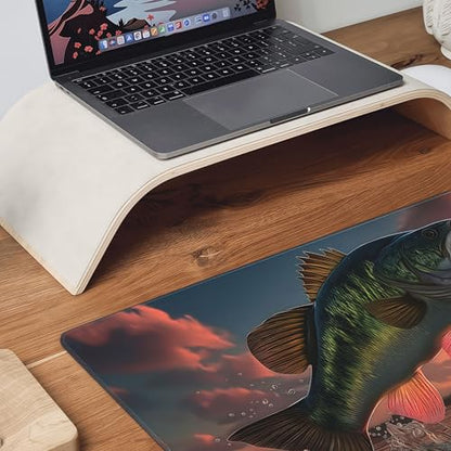 Large Gaming Mouse Pad with Bass Fish Sunset Design, Non-Slip Rubber Base, Stitched Edges, Extended Size 35.4 x 15.8 inches - color: Large Mouth Bass