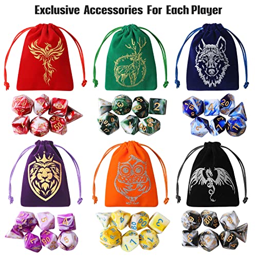 Grajar DND Dice Set, 42 Pcs Role Playing Dice Set with 6 Colorful Animal Pattern Dice Bag and PU Leather and Velvet dice Tray for Dungeons and Dragons D&D RPG MTG Table Games Mixed White - style: Animal-Mixed White