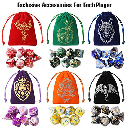 Grajar DND Dice Set, 42 Pcs Role Playing Dice Set with 6 Colorful Animal Pattern Dice Bag and PU Leather and Velvet dice Tray for Dungeons and Dragons D&D RPG MTG Table Games Mixed White - style: Animal-Mixed White