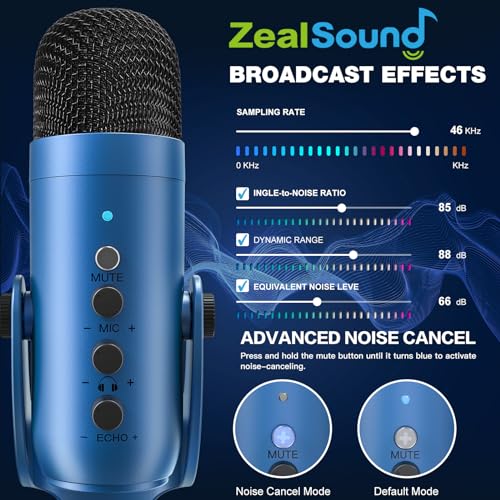 ZealSound Podcast Microphone for PC, Noise Cancellation USB Mic with Gain, Volume Adjustment & Mute Button, Monitoring & Echo, for YouTube, TikTok, Podcasting, Streaming, iPhone, iPad, Android(Blue) - color: Blue