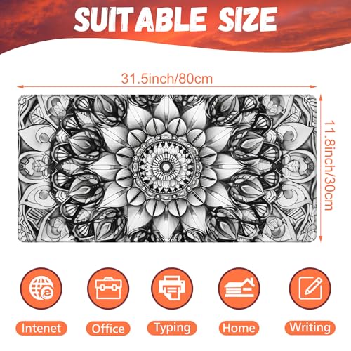 Large Gaming Mouse Pad for Desk, Black and White Mandala Desk Mat, Mandala Flower Desk Pad, 31.5"x15.7" Extended Big Computer Keyboard Mouse Pad with Non-Slip Base and Stitched Edge - color: Black and White Mandala