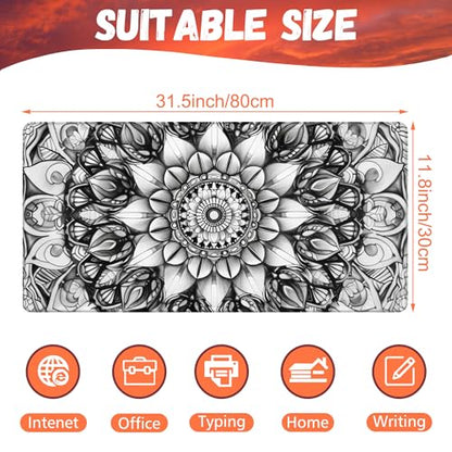 Large Gaming Mouse Pad for Desk, Black and White Mandala Desk Mat, Mandala Flower Desk Pad, 31.5"x15.7" Extended Big Computer Keyboard Mouse Pad with Non-Slip Base and Stitched Edge - color: Black and White Mandala