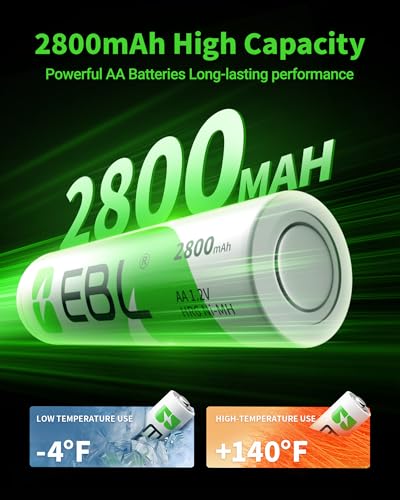 EBL AA 2800mAh High Performance Ni-MH Rechargeable Batteries, 4 Pack - size: 4 Count (Pack of 1)