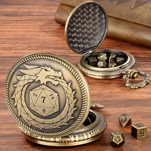 Mini D&D Dice Set with Bronze Steampunk Dragon Swallow Tail Pocket Watch Shell Case, DND Dice Bag, 7pcs Polyhedral Dice Set, Portable DND Starter Set, Board Games Accessories, RPG MTG Gifts - color: Dragon Swallow Tail