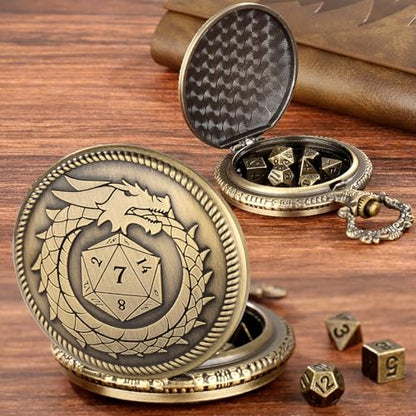 Mini D&D Dice Set with Bronze Steampunk Dragon Swallow Tail Pocket Watch Shell Case, DND Dice Bag, 7pcs Polyhedral Dice Set, Portable DND Starter Set, Board Games Accessories, RPG MTG Gifts - color: Dragon Swallow Tail