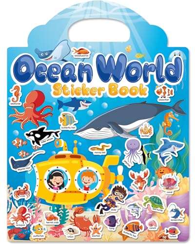 Walenced Reusable Sticker Book for Toddlers, Travel Stickers for Kids, Toddler Craft Activities Toys, Birthday Gifts for Boys & Girls - style: Ocean