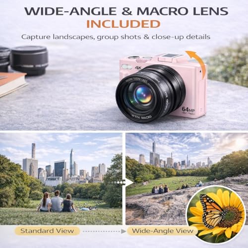 Acuvar 4K 48MP Digital Camera Kit for Photography, Vlogging Camera for YouTube with Flip Screen, WiFi, Wide Angle & Macro Lens, 64GB Micro SD Card, 12" Flexible Tripod, Carrying Case - style: Vlogger Essentials Kit