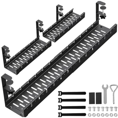 31Inch Extendable Under Desk Cable Management Tray, Black Metal Cable Management Tray Under Desk Cord Management with Clamp, 31 Inch x 4.33 Inch