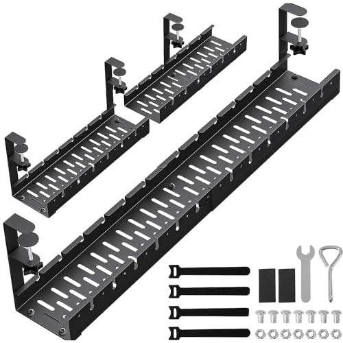31Inch Extendable Under Desk Cable Management Tray, Black Metal Cable Management Tray Under Desk Cord Management with Clamp, 31 Inch x 4.33 Inch
