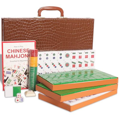 Chinese Mahjong Set, Mahjong Game Set with 146 Numbered Large Tiles (1.5", Green), Mahjong Tiles Set with Brown Carrying Case - color: Green Mahjong Set
