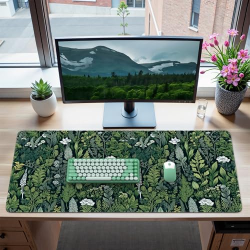 iCasso Desk Mat, Big Desk Pad,XXL Gaming Mouse Pad, Dark Green | 35.4x15.7in Mouse Pad for Desk Rubber Base Mousepad with Stitched Edges,Keyboard Mouse Mat - color: A-green Grass