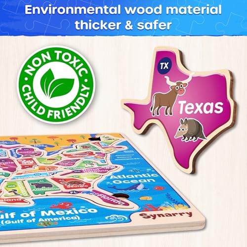 SYNARRY Large USA Wooden Puzzles for Kids Ages 3-5, Learning United States Map Puzles for Kids Ages 4-6, Wood Jigsaw Puzzles Educational Games Toys Gifts for Boys Girls Ages 3-8 - style: USA Map