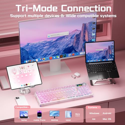 AULA F98 Pro V3 Wireless Mechanical Keyboard with Screen & Knob,Hot Swappable Pink Gaming Keyboard,Clear Keycap RGB Backlit Gasket Mount Creamy Keyboards with Number Pad for Office PC,10000mAh Battery - color: Pink