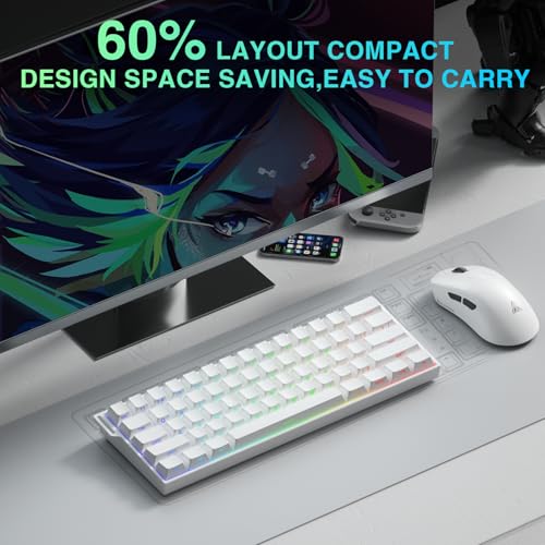 Aula MINI60 HE PRO Wireless Gaming Keyboard 60%,Hall Effect Rapid Trigger Magnetic Keyboard,8000Hz Polling,Tri-Mode(BT5.0/2.4GHz/USB-C),RGB Hot Swappable Compact Mechanical Keyboard for Gamer(White) - color: Pro-White Side