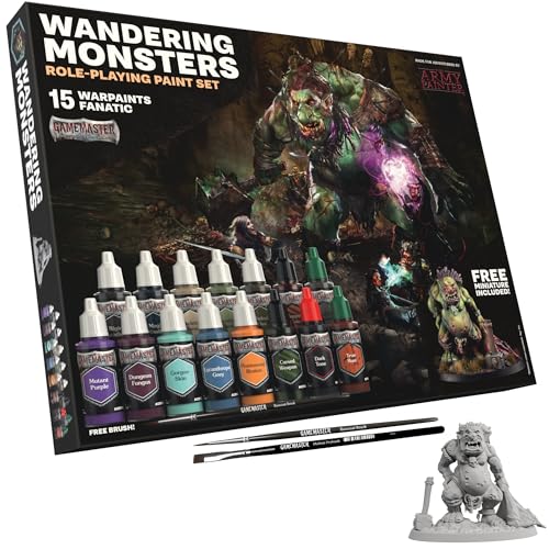 The Army Painter GameMaster: Wandering Monsters Set Combo, 15 x 18 mL Warpaints Fanatic Acrylic Paints, incl. Metallics, Wash, Primer, 2 Brushes, 1 Miniature - Warhammer & D&D | Warpaints Fanatic Acrylic Paint incl. 2 brushes and 1 free troll miniature -