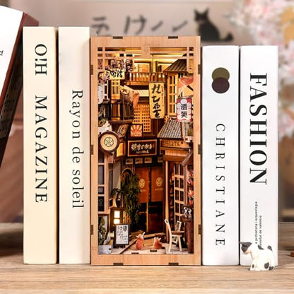 Book Nook Kit - DIY Miniature Dollhouse Kit, Japanese Style 3D Wooden Puzzle with LED Lights for Adults and Teens, Tiny House Bookshelf Decor, Gifts for Family and Friends - style: Alley of Awaiting Cats