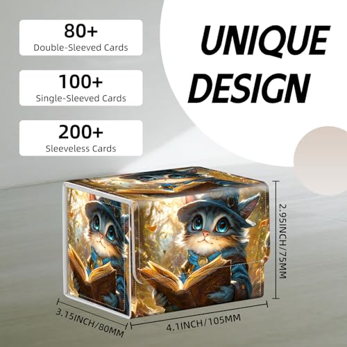 Trading Card Storage Box, Holds 100+ for MTG Cards, PU Leather with Magnetic Closure, Little Mage Cat Reading in Woods Durable Deck Box for Magic the Gathering, Trading Card Games - color: Little Mage Cat Reading in Woods