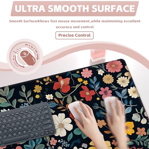 Baziabbo Floral Desk Mat,XXL Extended Big Mouse Pad,Gaming Mousepad with Stitched Edge,Non-Slip Rubber Base Keyboard Desk Pad for Home Office Study Game - color: Floral Black