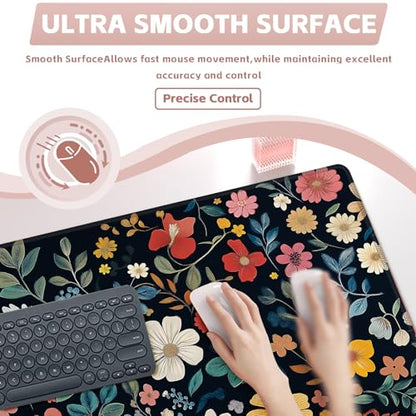 Baziabbo Floral Desk Mat,XXL Extended Big Mouse Pad,Gaming Mousepad with Stitched Edge,Non-Slip Rubber Base Keyboard Desk Pad for Home Office Study Game - color: Floral Black