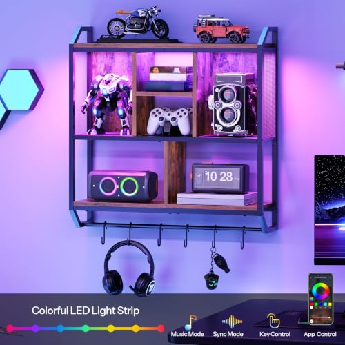 HOOBRO Gaming Floating Shelf with LED Lights, 28.7" LED Wall Mounted Shelf, 3-Tier Display Rack for Wall Storage, Floating Rack with Hanging Rod and 6 S-Hooks, Rustic Brown and Black BF70DBJ01 - color: Rustic Brown + Black