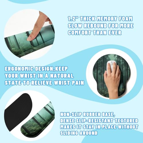 Mystic Forest Desk Mat Set Green Fog Woodland Mouse Pad with Wrist Rest 4in1 Desk Mat for Desktop Ergonomic Computer Desk Arm Wrist Anti-Slip Computer Ergonomic Mouse Pad Home Office Gaming - color: Mystic Forest