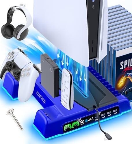 PS5/Slim/Pro Stand and Cooling Station with LED Controller Charging Station for PlayStation 5 Console, Controller Charger, Cooling Stand, PS5/Slim/Pro Skin Accessories Kit with 3 Level Cooler Fan - color: Blue