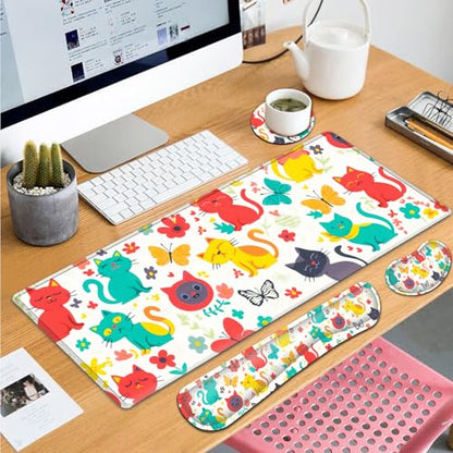 Large Gaming Mouse Pad+ Keyboard Wrist Rest Set, Ergonomics Memory Foam Mouse Mat Wrist Rest Support for Home Office, Waterproof Extended Mousepad 31.5x11.8in, Cute Cartoon Cats White Desk Pad - color: Yvb-mousepad-9-f-162