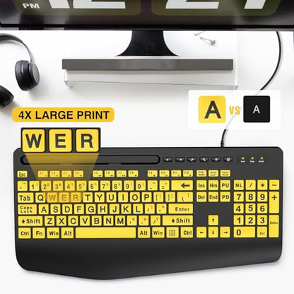 SABLUTE Large Print Keyboard Wired Computer Keyboards with Wrist Rest, Phone Holder, Big Letters Easy to Read Compatible Windows, Desktop, Laptop, Yellow - color: Yellow&Black