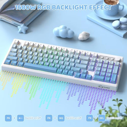 FREEWOLF K100 99 Keys Gaming Membrane Wireless Keyboard with Media Knob,Tri-Mode BT/2.4GHz/USB-C,Side Printed Keys RGB Backlit Retro Cute Creamy Silent Computer Keyboard for MAC PC- Gradient Blue - color: Gradient Blue