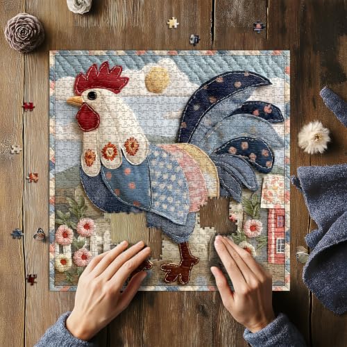 Funny Chicken Puzzles for Adults 1000 Pieces, Quilt Farm Jigsaw Puzzle | Flower Rooster Puzzle, Beautiful Floral Patchwork Chicken Home Wall Decor