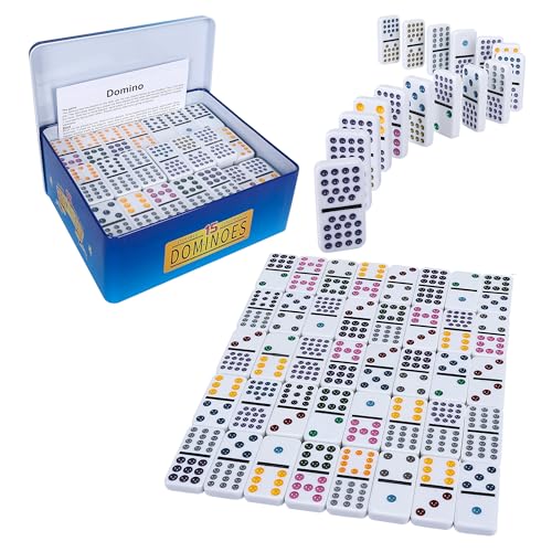 Offelec Double 15 Dominoes Set for Adults - Classic 136 Tiles Colored Dots Double Fifteen Dominos with Tin Box, Portable Domino Game - Ideal for Family Fun Game Night, Travel, Party - 2-8 Player Games - color: Double 15 Dominoes