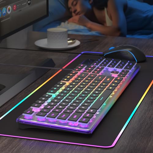 Camiysn Gaming Creamy Keyboard and Mouse, Black 104 Keys RGB and 6 Speed RGB Mouse Combo, Pudding Keycaps Silent Computer Keyboard for Computer/PC/Laptop/Mac/Windows/Office - color: Black