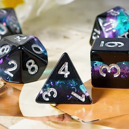 Foil DND Dice Set Black Polyhedral Dice Set D&D for Tabletop Games | Leather Storage Bag, DM Gift, for Dungeons and Dragons Role Playing Games - color: Black/Blue/Purple