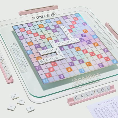WS Game Company Scrabble Aura Edition, Iridescent Rotating Tempered Glass Board, Non-slip Metallic Wood Letter Tiles, Luxe Tile Racks & Organizer Tray, Family Word Board Games for 2-4 Players, Ages 8+