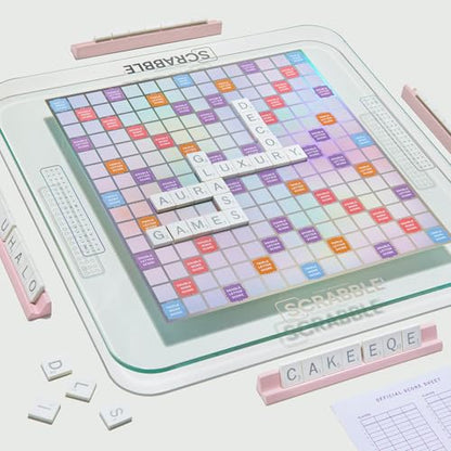 WS Game Company Scrabble Aura Edition, Iridescent Rotating Tempered Glass Board, Non-slip Metallic Wood Letter Tiles, Luxe Tile Racks & Organizer Tray, Family Word Board Games for 2-4 Players, Ages 8+