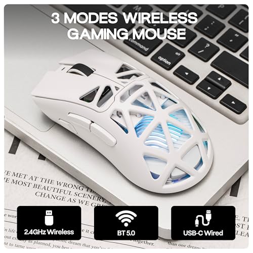 MechLands Aula SC620 Gaming Mouse, 2.4G/USB-C/BT Wireless Mouse with 400mAh Battery, Adjustable 12,000 DPI & 1000 Polling Rate, PAW3311 Sensor, RGB Lighting, Programmable Buttons, for Win/Mac (White) - color: White