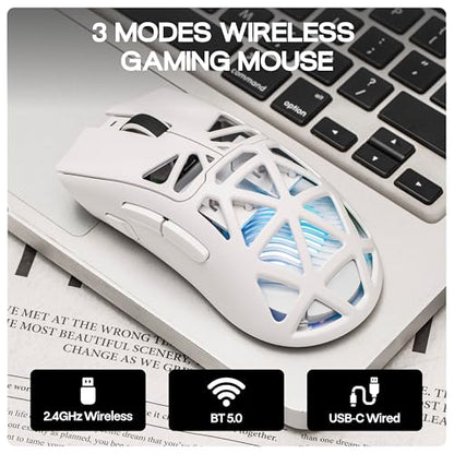 MechLands Aula SC620 Gaming Mouse, 2.4G/USB-C/BT Wireless Mouse with 400mAh Battery, Adjustable 12,000 DPI & 1000 Polling Rate, PAW3311 Sensor, RGB Lighting, Programmable Buttons, for Win/Mac (White) - color: White