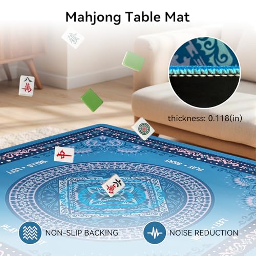 32.4x32.4 Inch Mandala Mahjong Mat with 3MM Noise Reduction | Rubber Anti Slip for Poker, Card, Board & Tile Games, Dominoes, Ships Rolled No Creases Mahjong Gifts - color: Peacock Blue