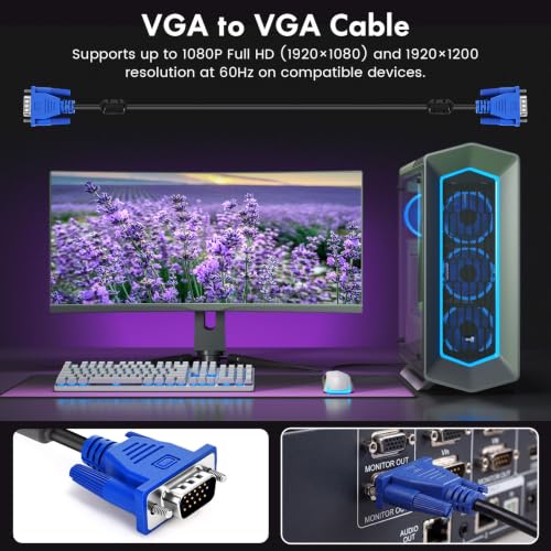 20 Pack 5ft Vga Cable Hd15 Male to Male, High Speed 1080p Fhd 60hz High Resolution Video Adapter for Monitor TV PC Projector Gaming Console