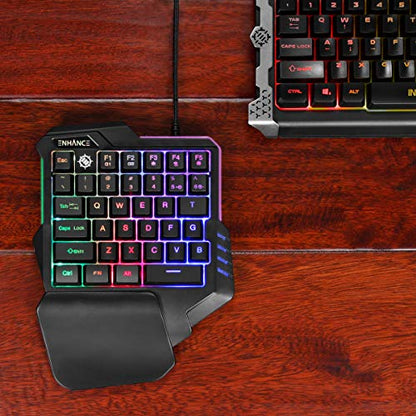 ENHANCE Gaming Keypad One Handed Gaming Keyboard - 7 Color LED Backlit, Programmable Keys, Ergonomic Wrist Pad and Braided USB Cable - Small Keyboard Great for FPS Games