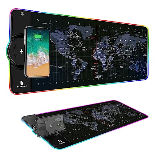 Mouse Pad,Wireless Mouse Pad Charging,15W Fast Charging,Extened Large Size | 10 Lighting Modes for Office,Mobile Phone Devices,31.5"X11.8"World Map - color: World Map
