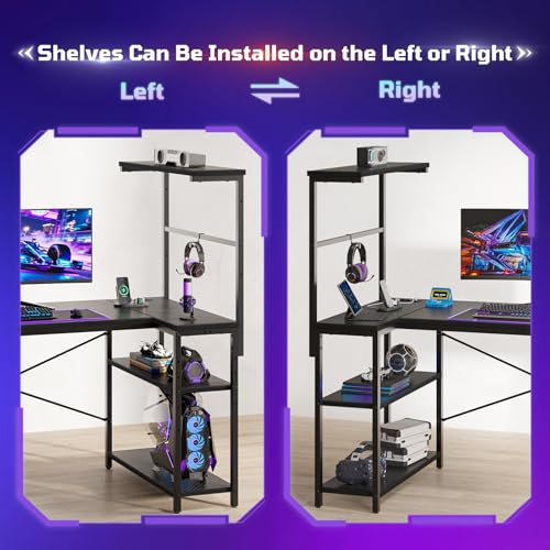 52" L-Shaped Gaming Desk with Power Outlets LED Lights, Black | Reversible Design, LED Lights, 4-Tier Storage Shelves, Headphone Hook, Foldable Cup Holder, Computer Desk, Home Office - color: Black, size: 52 Inch