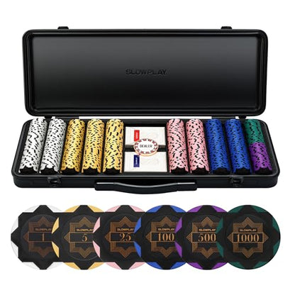 SLOWPLAY Nash Clay Poker Set, 14g&40mm Poker Chips for Texas Hold'em | Black Gold Edition; 500 pcs Numbered Full Set; premium case with PC Shell; clay composite poker chips; Art Deco style - color: Black Gold, size: 500PCS Numbered Full Set (1,5,25,100,50