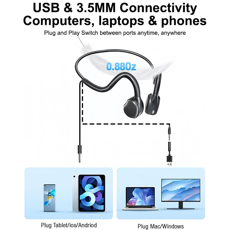 Open Ear Headphones with Microphone, Wired Air Conduction Headphones, Lightweight Flexible Open Back Headset for Phones Tablets Laptop, 3.5mm+USB Connection, 4.27 Ft Cable, Black