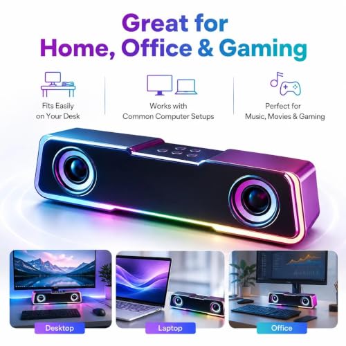 RGB Computer Soundbar Speakers for PC USB Desktop Stereo Speaker Gaming | Dual drivers deliver balanced stereo sound with enhanced clarity for music, gaming, movies and calls.