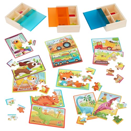 B. toys Wooden Jigsaw Puzzle Set, Pack o' Puzzles 3-Pack Storage, 3 Pack | 12 wooden 12-piece puzzles with pets, dinos and trucks in 3 sturdy storage boxes; color-coded backs for sorting; 3+ Years - style: 3 Pack