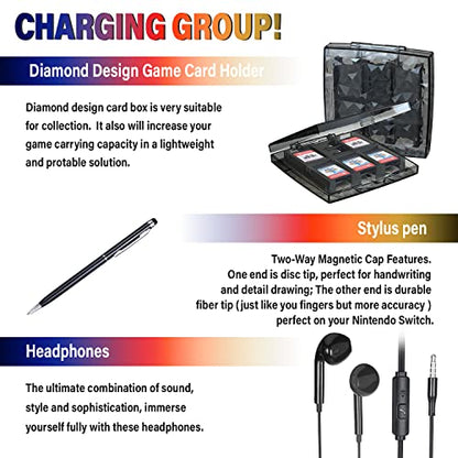 Deruitu Switch Accessories Bundle Compatible with Nintendo Switch, Kit with Carrying Case, Screen Protector, Compact Playstand, Game Case, Joystick Cap, Charging Dock,Steering Wheel, (18 in 1) - color: Black
