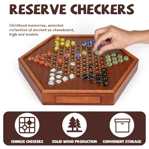 15-Inch Wooden Chinese Checkers Board Game Set – Classic Strategy Game with 72 Glass Marbles, Dual-Sided Storage Drawer, Family Board Games for Adults, Educational Travel and Indoor Game