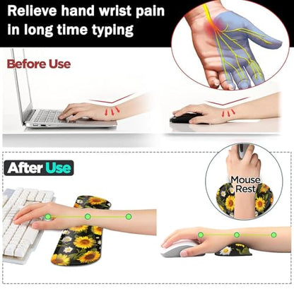 Large Gaming Mouse Pad+ Keyboard Wrist Rest Set, Ergonomics Memory Foam Mouse Mat Wrist Rest Support for Home Office, Waterproof Extended Mousepad 31.5x11.8in, Sunflower Flowers Black Desk Pad - color: Yvb-mousepad-9-f-169
